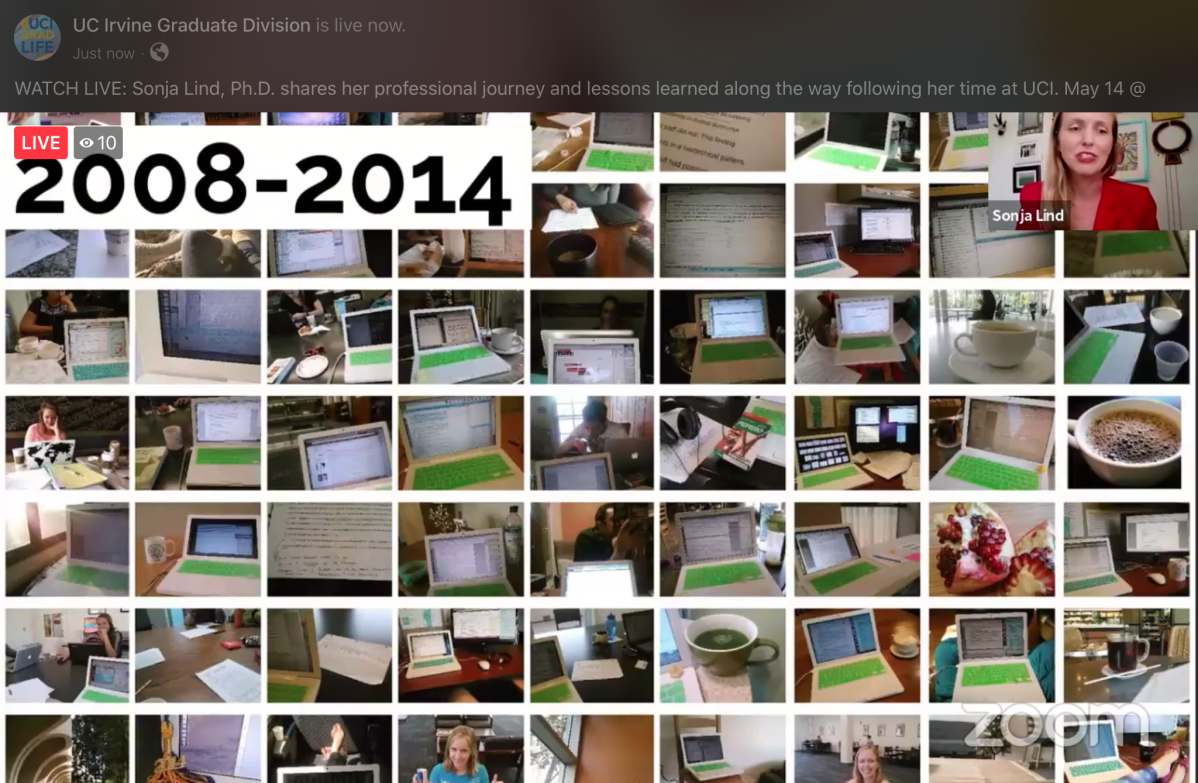 screen capture of a photo collage with the words "2008 to 2014," and includes many photos of computers and coffee cups, obviously many of the study scenes of Sonja's dissertation