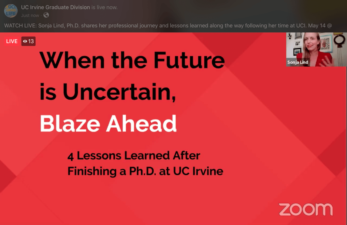 screen capture of Sonja Lind, speaking in a Zoom meeting with the title words on the screen "When the Future is Uncertain, Blaze Ahead"
