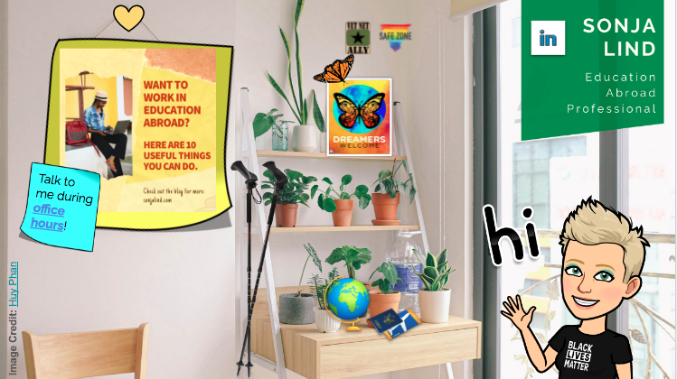 screenshot of a virtual office, where a cartoon version of Sonja waves and says hi - this is a hyperlinked image to her virtual office